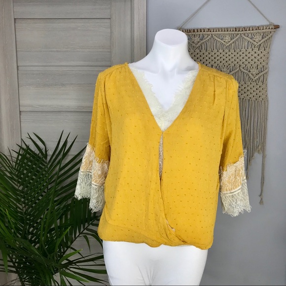 Umgee Tops - Umgee | Polka Dot Faux Wrap Lace Trim Boho Blouse